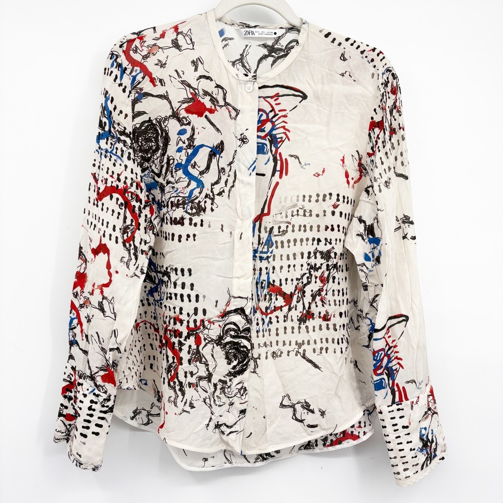 ZARA Womens Abstract Face Graffiti Print Artsy Viscose Button Down Shirt Size L